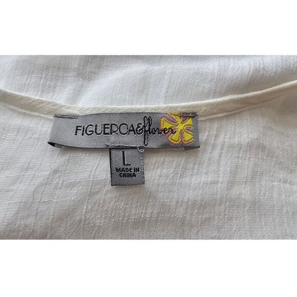 Figueroa & Flower Women Peasant Lace Crochet Neck Top Sz L Cottage Prairie White - Picture 6 of 7